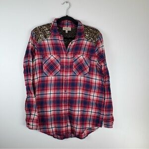 EXPRESS Shirt Womens Medium Boyfriend Button Up Plaid Sequins Shoulders Pink